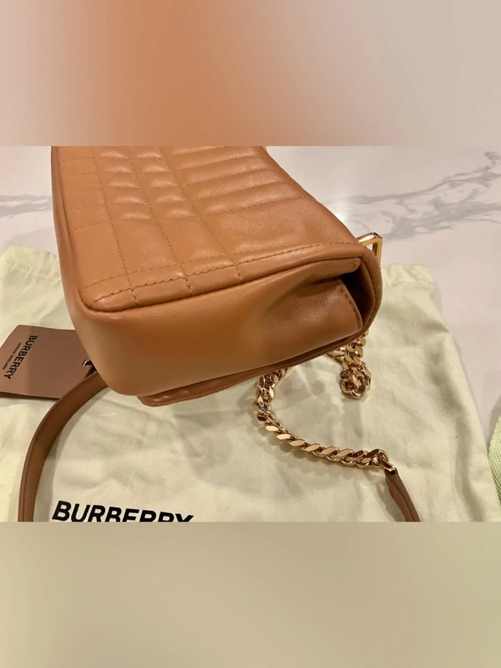 Burberry Small Lola Quilted Leather Bag Maple Brown Gold Chain NWT - Picture 7 of 15